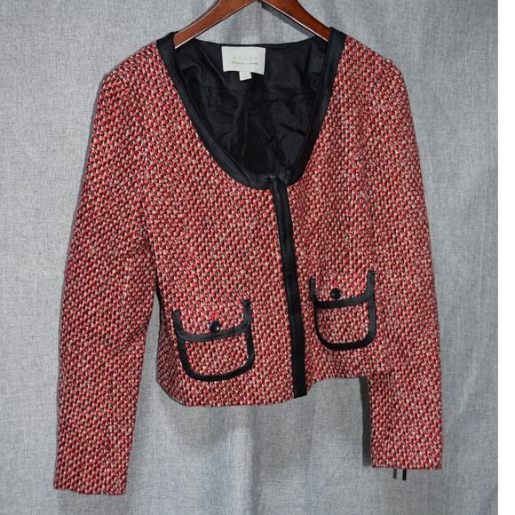 Hinge Red Black Bouclé Tweed Cropped Jacket Faux Leather Trim Women’s Small - Picture 1 of 4